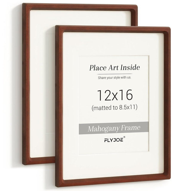 12x16 Picture Frame Set of 2, USA-Sourced Natural Mahogany Wood Photo Frame with Tempered Glass, Handcrafted Rounded Corner 12 x 16 Wooden Frame Matted to 8.5x11 Photos, Horizontal or Vertical Wall Mounting