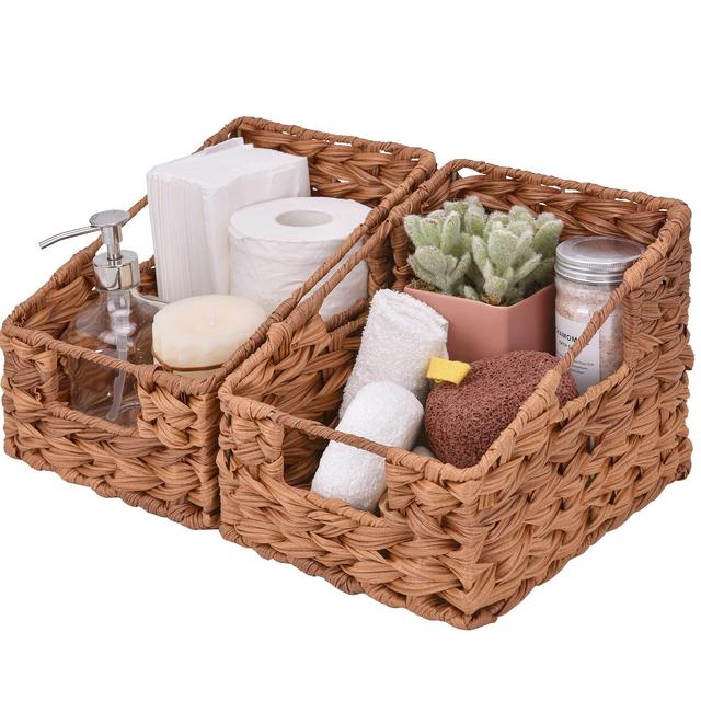 Wicker Storage Baskets for Shelves, Set of 2 Trapezoid Woven Basket, Storage Wicker Baskets for Organizing Kitchen Bathroom, Caramel Orange