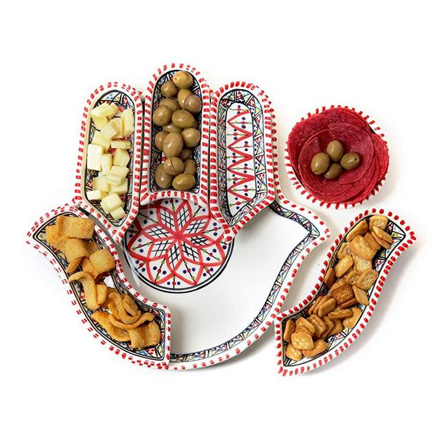 Kamsah 7 Piece Plate Set & Serving Platter, Custom Hand-Painted Ceramic Appetizer Tray Serving Dishes for Celebrations, Parties and Events(Large, Bohemian Red)