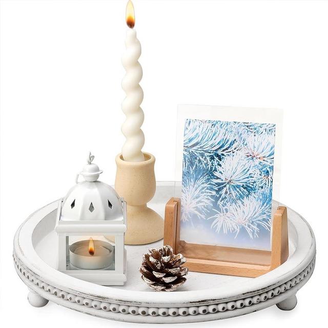 White Washed Round Wooden Tray, Beaded Tray for Coffee Table Decor, Decorative Tray for Coffee Table, Dining Room Table Entryway and Living Room Table