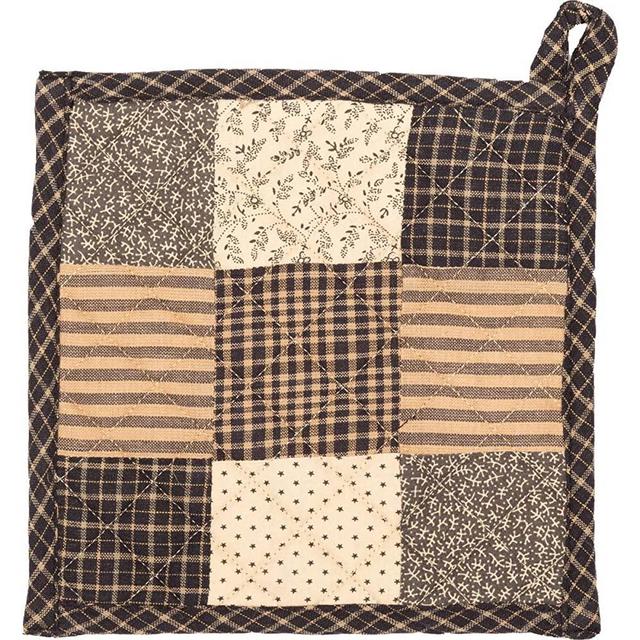 VHC Brands Kettle Grove Patchwork Blocks Pot Holder 8x8 Primitive Country Patchwork Kitchen Tabletop Design, Country Black and Creme