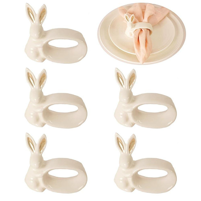 Utalek Easter Bunny Porcelain Napkin Rings Set of 6, Rabbit Napkin Ring Holders, White Bunny Ceramic Napkin Rings for Easter, Spring Party, Banquet, Dinner, Wedding Table Decor