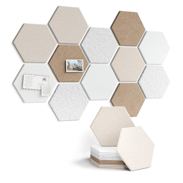 Fluxynara Hexagon Cork Board Alternative for Walls Decor-12-Pack Felt Bulletin Board Tiles,with 30 Pushpins,70 Adhesive Tabs for Office,Classrooms & Home Pin Board Felt Board-Stone Beige