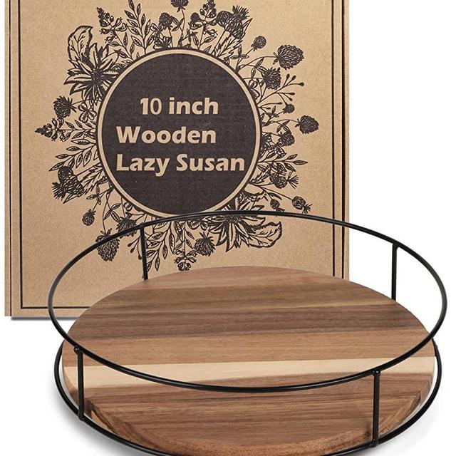 10" Acacia Wood Lazy Susan Turntable, Tomoaza Kitchen Organizer Turntable with Steel Sides, 360 Degree Turntable for Countertop Cabinet or Dining Table (Black)