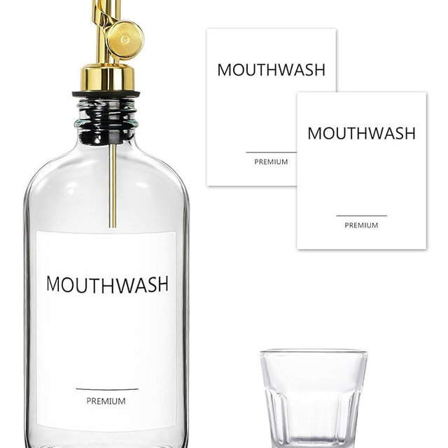 TOLDATLI Mouthwash Dispenser for Bathroom, 1 Pack Glass Mouth Wash Container with Cup, 16 fl oz Mouthwash Decanter Bottle Set, Refillable Mouthwash Pump Dispenser