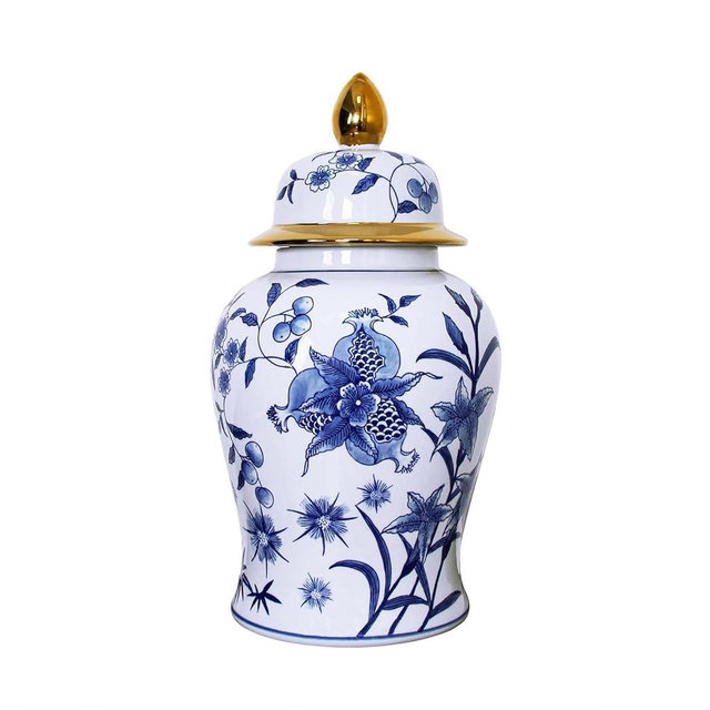 Blue and White Pomegranate Floral Ceramic Ginger Jar 18" H - Antique Hand-Painted Chinoiserie Planter for Bouquet, Elegant Interior Design Temple Jar for Home & Kitchen