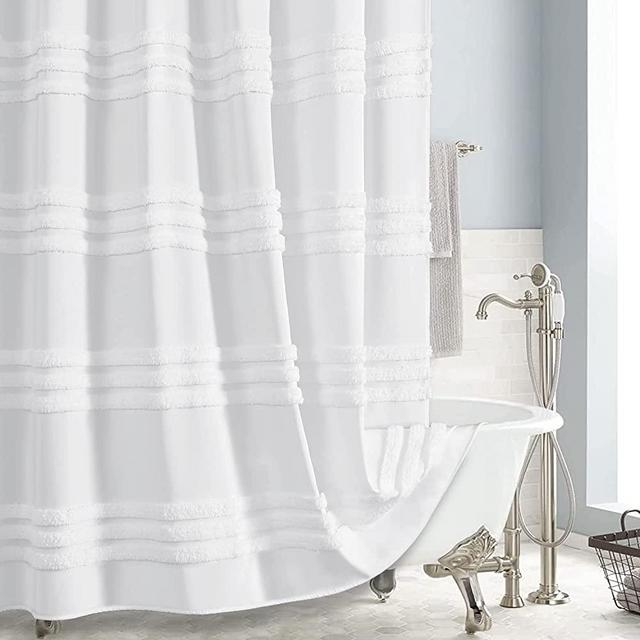 Dynamene Stall Fabric Shower Curtain - 54x78 Inches Long Tufted Chenille Striped Shower Curtain set with 10 Plastic Hooks, Modern Heavy Duty Cloth Shower Curtains for Bathroom, Water Resistant – White