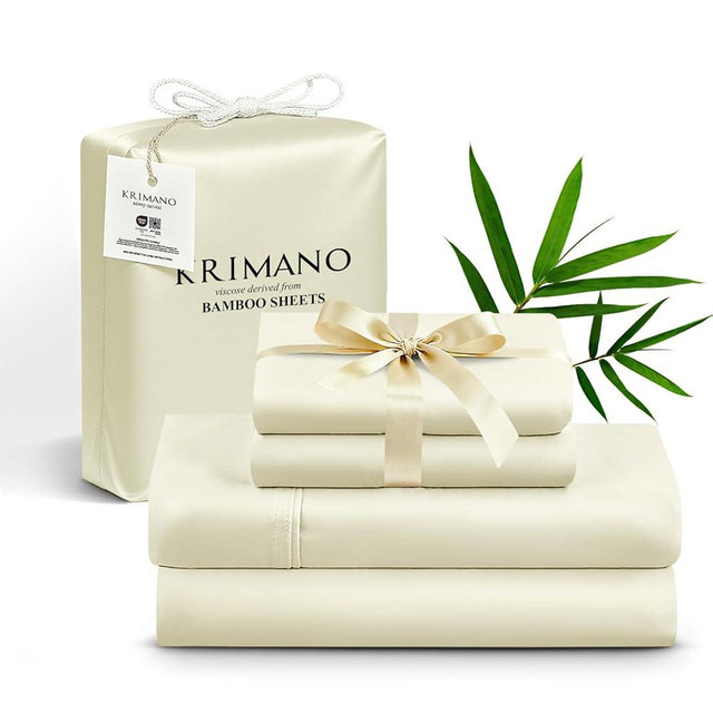 KRIMANO King Size Sheet Set, Viscose Bamboo Sheets for Bed Set 4pcs, 100% Viscose Derived from Bamboo, Hotel Luxury Silky & Cooling for Hot Sleepers, Deep Pocket Up to 17", Creme