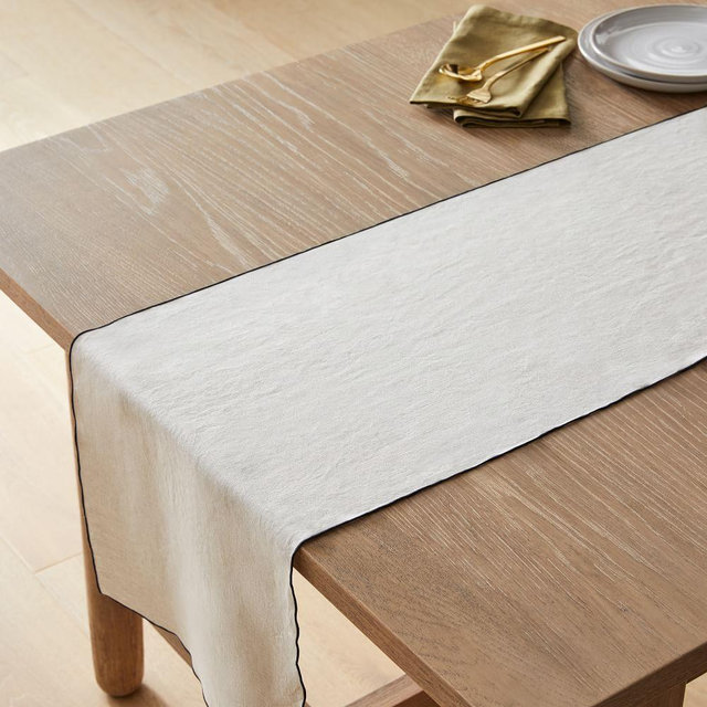Merrowed Edge Linen Table Linens, Runner, Belgian Flax/Black, 14x90