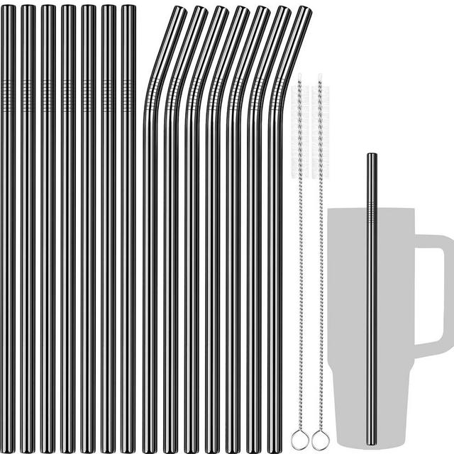 Tomorotec 11 Inch Stainless Steel Reusable Drinking Straws 14PCS & 2 Cleaning Brushes Set with Curved & Straight Designs, Compatible with 30oz Stanley Tumblers, Dishwasher Safe, BPA-Free (Black)