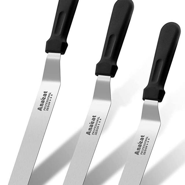 ANAEAT Icing Spatulas, Set of 3 Professional Cake Angled Offset Spatula with 6", 8", 10" Stainless Steel Blades - Thickened Frosting Knife with Plastic Handle for Cake Decorating, Pastry & Baking