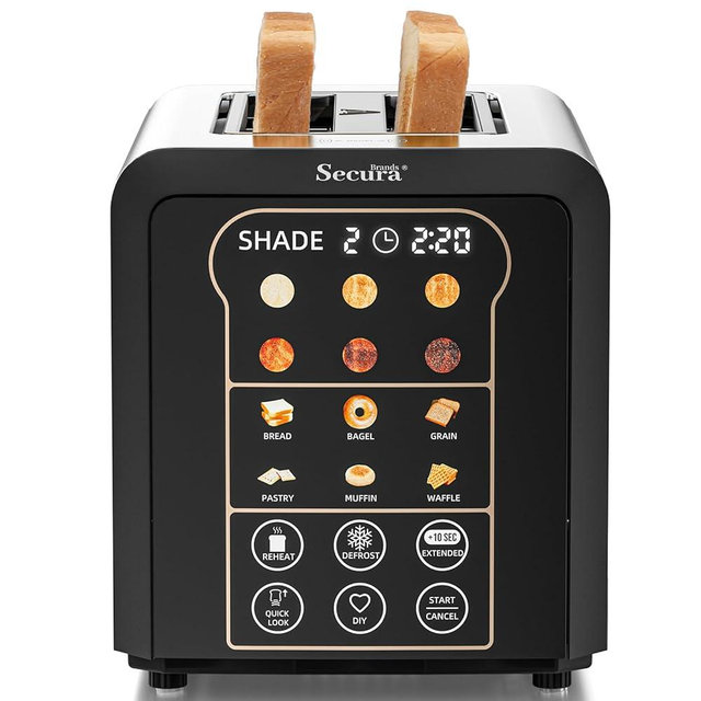 Secura Brands 2 Slice Automatic Toaster, Touch Screen Smart Toaster with Digital Timer, 6 Bread Types, 6 Browning Levels, Reheat/Defrost, +10s Extend, Custom Memory Settings for Home, RV, Office