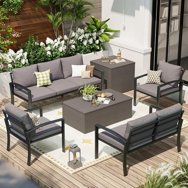 U-MAX Metal Patio Furniture Set, 7 Pieces Outdoor Sectional Patio Conversation Set with 2 Storage Boxes, Outdoor Couch Sofa Modern Setting Set with Dark Grey Cushions for Lawn, Backyard, and Deck