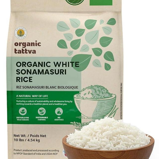 Organic Tattva Sonamasuri Rice (10 lbs) - Organic Medium Grain Rice - Lightweight - Natural Aroma - No Additive - Vegan - Kosher - Non GMO - Gluten Free - USDA Certified