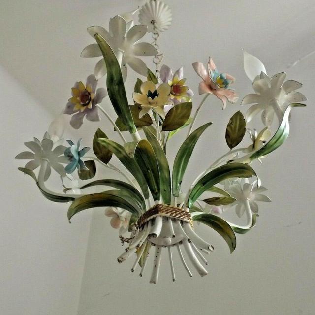 French Vintage Tole Ware 5 Light Chandelier Tied Bouquet Floral Chandelier - French Vintage Lighting. Tole Ware Chandelier. French Country.