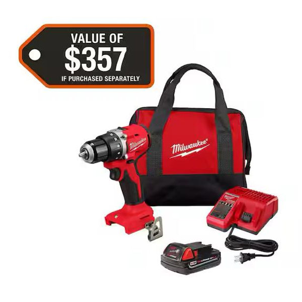 Milwaukee M18 18V Lithium-Ion Brushless Cordless 1/2 in. Compact Drill/Driver with One 2.0 Ah Battery, Charger and Tool Bag 3601-21P