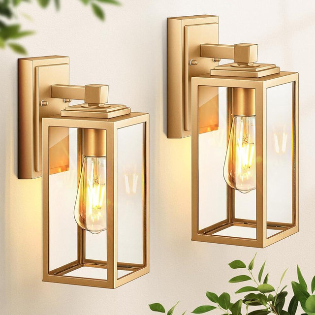 VIANIS Gold Outdoor Wall Lights, 2 Pack Waterproof Outdoor Porch Lights, Anti-Rust Porch Lights Outdoor, Outdoor Light Fixture for House, Garage, Doorway, Garden, Tempered Glass, E26 Socket