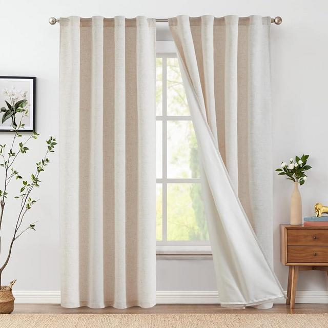 jinchan Linen Beige Curtains 84 Inch Length for Living Room Farmhouse Rod Pocket Back Tab Light Filtering Window Drapes with Lined for Bedroom Crude 2 Panels