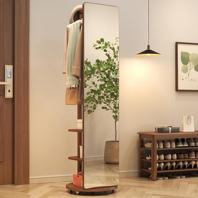 KASLANDI Full Length Mirror with Brake Wheels, 70"x16", Unique Solid Wood Oversized Floor Mirror with Coat Rack, Full Body Mirror for Bedroom, Living Room (Walnut)