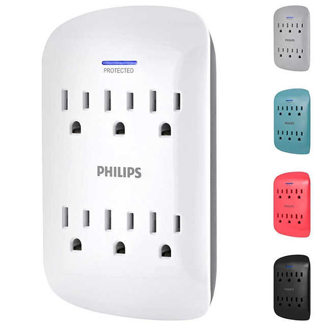 Philips 6-Outlet Surge Protector Tap, 900 Joules, Space Saving Design, 3-Prong, Protection Indicator LED Light, Gray & White, SPP3461WA/37