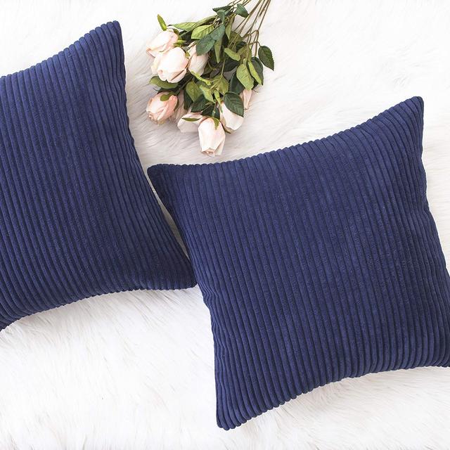 Home Brilliant - HOME BRILLIANT Decor Supersoft Striped Textured Velvet Corduroy Decorative Toss Throw Pillow Covers Pillowcase Cushion Cover for Chair, Navy Blue, 2 Packs, (45x45 cm, 18inch)
