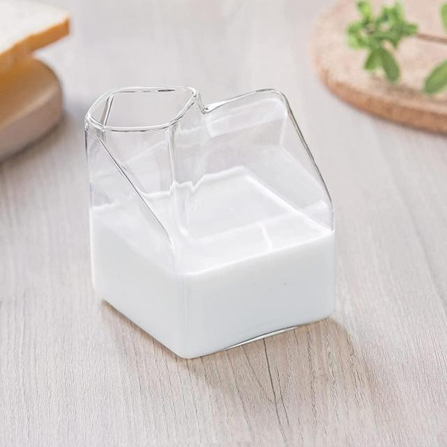 Glass Milk Carton Creamer Pitcher Cute Clear Milk Carton Cup Mini Creamer Pitcher Container 13.4 Oz, 1Pcs