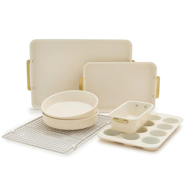 GreenPan Bakeware Set, 7 Piece Nonstick Ceramic Gold Handle Baking Sheets, Cake Pans, Loaf Pan, Muffin Tin, Cooling Rack, PFAS & BPA Free, Freezer to Oven Dish, Bake & Roast Ovenware, Cream