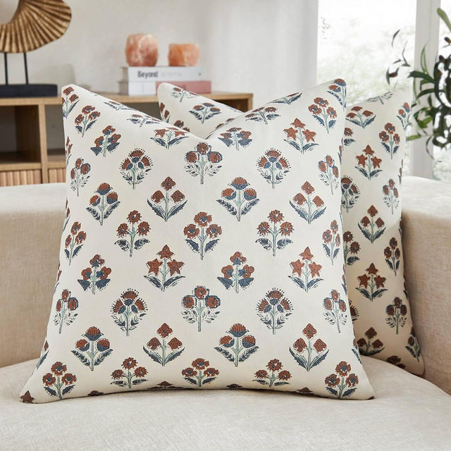 YZJZEDS 100% Cotton Floral Pillow Covers Set of 2, Double Sided Block Print Boho Decorative Throw Pillow Cases, Farmhouse Style Cushion Covers for Home Decor, 18x18 Inches Terracota