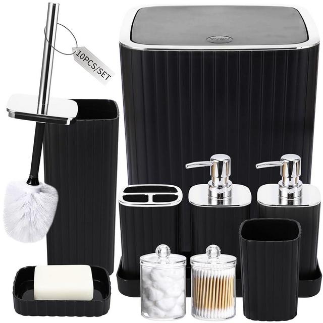 XLHOMO Bathroom Accessories Set - Gorgeous Bathroom Set, 10PC Black Bathroom Accessory Set, Toilet Brush, Trash Can, Qtip Holder Dispenser & Soap Dispenser