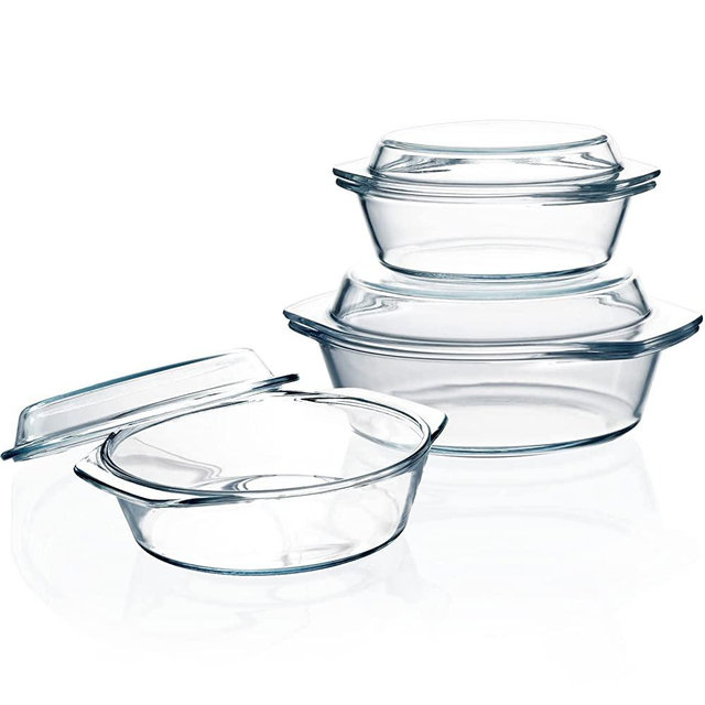 Clear Round Glass Casserole Dish With Lid Lidded Glass Casseroles Bakeware with Glass Lid, Glass Casserole Bowl (Set of 3-0.65L+1L+1.4L)