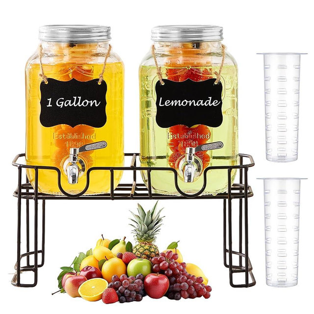 1 Gallon Glass Beverage Dispenser -Set of 2, Drink Dispenser with Stand & Fruit Infuser, Stainless Steel Spigot - Glass Drink Dispensers for Parties, Drink Dispensers with Lids for Lemonade Sun Tea