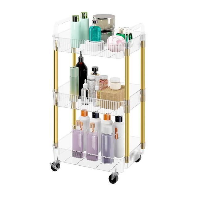 Dttwacoyh 3 Tier Utility Cart with Handle, Mobile Rolling Storage Trolley with Wheels, Multifunctional Detachable Utility Storage Cart for Kitchen, Office, Bathroom, Laundry, Makeup, Golden Tube