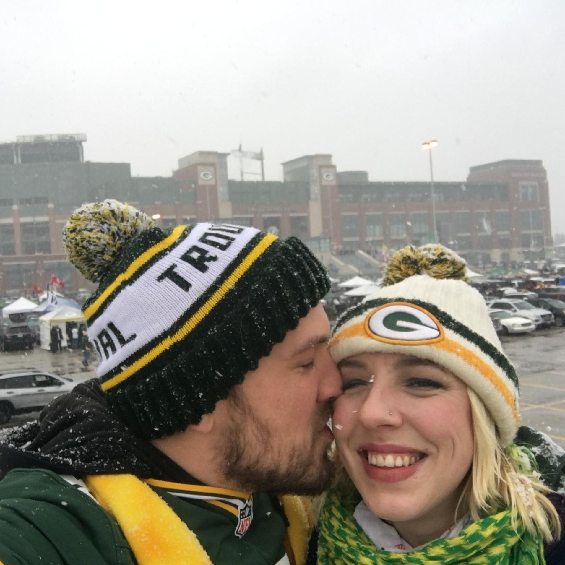 Kisses in the snow at Lambeau Field
Winter 2016