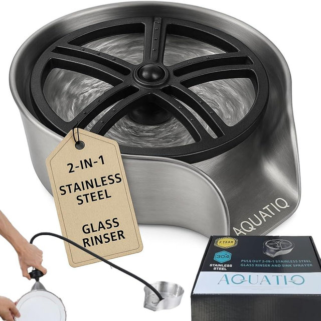 AquatiQ 2 in1 Glass Rinser for Kitchen Sink - Stainless Steel Cup Cleaner - Counter Top Bottle Washer - Kitchen Sink Accessories - Attachements - Sink Sprayer (Nickel)