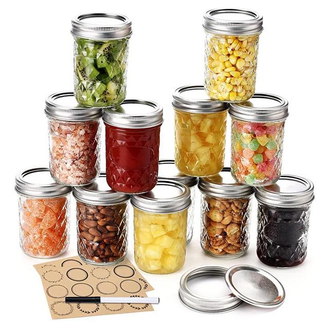 12 Pack Mason Jars 8 oz with Airtight Lids, Glass Regular Mouth Canning Jars, Small Quilted Crystal Jars for Jelly, Jam, Overnight Oats, Meal Prep