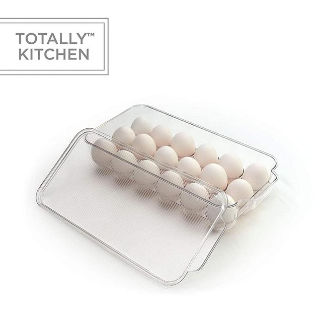 Totally Kitchen Plastic Egg Holder | BPA Free Fridge Egg Carton Organizer with Lid & Handles | Refrigerator Storage Container | 18 Egg Tray, Clear