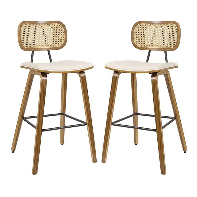 Counter Height Bar Stools Set of 2, Mid Century Modern Counter Stools, 27" Wood Kitchen Stool PU Leather Upholstered Barstool with Rattan Back, Counter Height Island Dining Bar Chair, Cream White