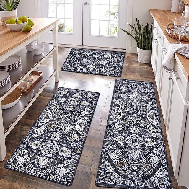 HEBE Boho Kitchen Rug Sets 3 Piece with Runner Washable Thin Kitchen Rugs and Mats Set Non Slip Kitchen Floor Mat Waterproof Laundry Room Rug Runner for Entryway Hallway Bohemian Area Rug