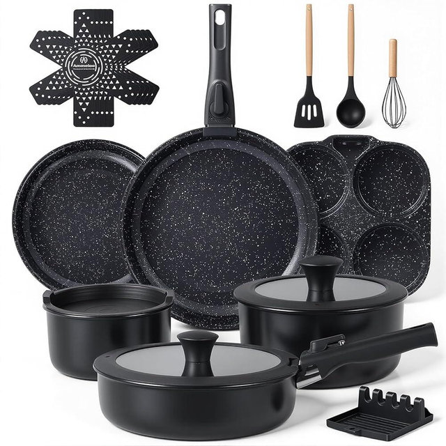 Ammeloo 21-Piece Ceramic Pots and Pans Set Non Stick with Detachable Handles and Egg Frying Pan, Non-Toxic Cookware, Induction Ready, Oven Safe, Stackable for Storage, Black Speckled