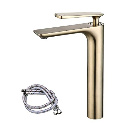 Beelee Bathroom Vessel Sink Faucet Tall Single Handle Brushed Gold Water Stream One Hole Lever Bath Lavatory Faucet Basin Mixer Tap Commercial Brass