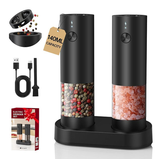 CIRCLE JOY Electric Salt and Pepper Grinder Set with 2-in-1 Charging & Storage Base, Rechargeable Automatic Pepper Mill, Adjustable Coarseness, LED Light, 140ml Capacity