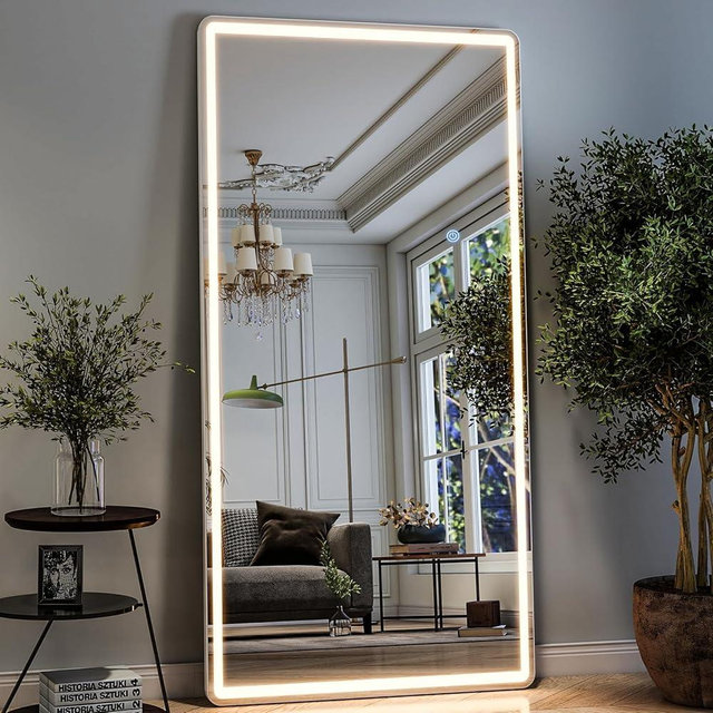 GLSLAND 34x76 inch Full Length Mirror with Lights - LED Full Body Mirrors Stepless Dimmable 3 Color Lighting Floor Standing Hanging for Bedroom Cloakroom,White
