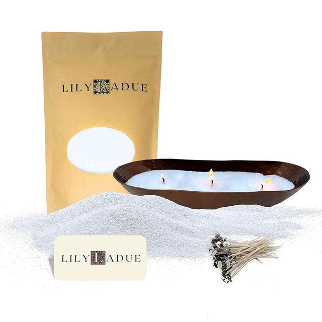 LILY LADUE 1lb/16OZ Pearled Candles Sand and Wicks with Bronze Bowl - White Unscented Plant-Based Pearl Sand Wax with 24 Wicks, Gift-Ready DIY Candle Making Kit with Reusable Powder Wax Beads