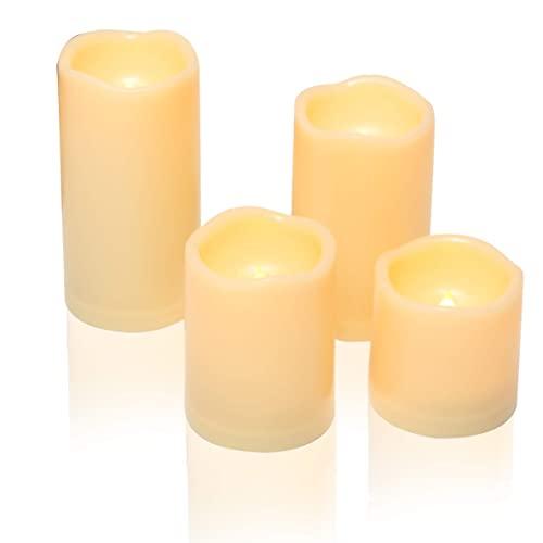 4 Graduated Heights Waterproof Outdoor Battery Operated Flameless LED Pillar Candles with Timer Flickering Plastic Resin Electric Night Lights Lantern Patio Garden Home Decor Party Wedding Decorations