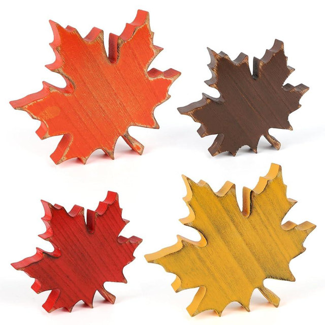 COCHIE Wooden Fall Leaves Decorations for Home Office Indoor, Farmhouse Thanksgiving Table Tiered Tray Decor Set of 4, Vintage Fall Harvest Maple Leaf Block Signs Tabletop Shelf Decoration (Vintage)