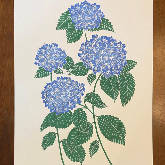 Hydrangeas, Flowers, Linocut, linocutart, linocutprint, botanical print