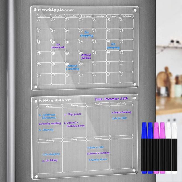 AITEE Acrylic Magnetic Magnetic Monthly and Weekly Calendar for Fridge, Clear Set of 2 Dry Erase Board Calendar for Fridge Reusable Planner, Includes 6 Dry Erase Markers with 3 Colors(16"x12"Inches)