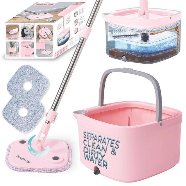 True & Tidy® True Clean Mop and Bucket System, Includes Square Spin, Dual Compartment Mop Bucket and 2 Thick Machine Washable Pads New Upgraded with Side Brush & Self Standing Handle, Rose