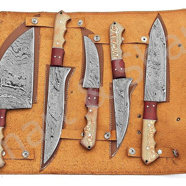 Smart & Sharp Custom Handmade Damascus Chef Knives Set/Kitchen Knives 5 Pieces Set SS-17210 and 17211 Poplar Wood