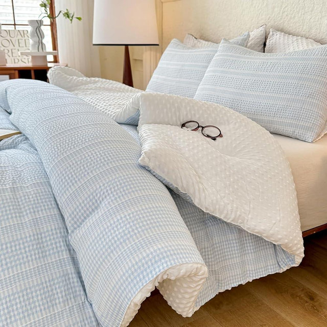 tohrisa Boho Comforter Set Full Size - 3 Pieces Lightweight Jacquard Seersucker Bedding Sets (1 Soft Fluffy Grid Comforter & 2 Pillowcases) - All Seasons Cozy Modern Bed Set(80"x90" Sky Blue)